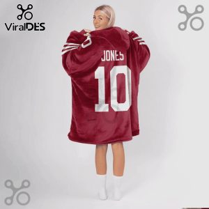 Maroon Snuggle Hoodie featuring 'JONES' and the number '10' in white on the back, with stripes on the sleeves.!