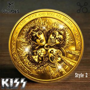 Golden coin design showing KISS band members in makeup with fiery hair and 'KISS - ROCK AND ROLL ALL NIGHTS' text!