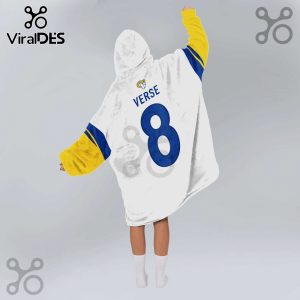 Hooded Blanket featuring white, blue and gold colors, with the name 'VERSE' and number '8' on the back, plus a Rams logo.!