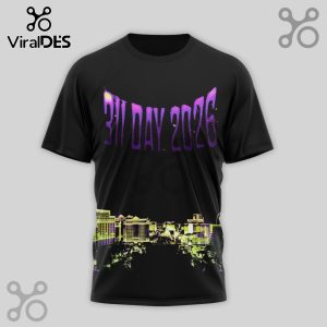 Black t-shirt with purple '311 DAY 2026' text above a neon green and purple Las Vegas city skyline graphic!