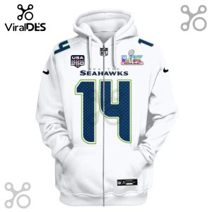 White hoodie with Seattle Seahawks jersey design featuring number 14, Super Bowl LVI patch, and USA 250 logo.!