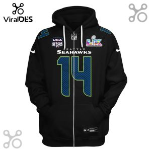 Seattle Seahawks #14 hoodie with Super Bowl LVI logo, USA 250, NFL logo and team colors.!