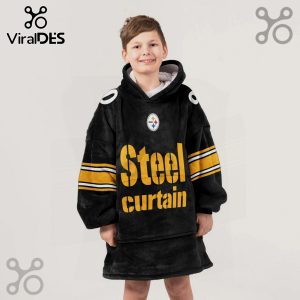 Child wears oversized black hooded blanket with 'Steel Curtain' and Steelers logo!