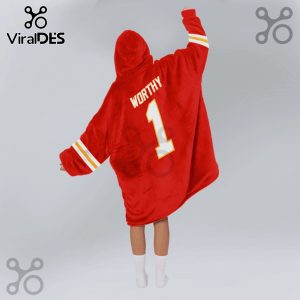 Red hooded blanket with white text 'WORTHY' and number '1' on the back, with yellow and white stripes on the arm.!