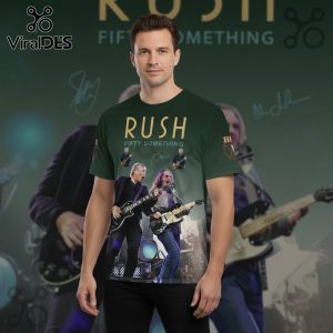 T-shirt with an all-over print featuring Rush's logo, band members, and 'Fifty Something' text.!