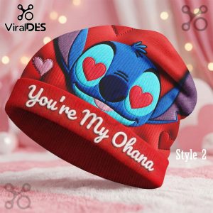 Red beanie with embroidered blue Stitch, heart-shaped eyes, pink hearts, and white text 'You're My Ohana' on the brim!