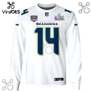 White long-sleeved shirt with a Seattle Seahawks jersey design; number 14, Super Bowl logo and USA 250 emblem.!