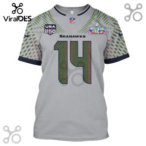 Seahawks jersey featuring number 14, USA 250 patch, Super Bowl LVI logo, and NFL logo.!