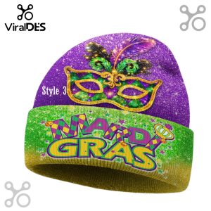 Mardi Gras Limited Edition Beanie Hat: Purple, green, and gold knit beanie with festive Mardi Gras mask design.