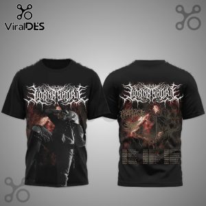 Black Lorna Shore band t-shirt with front design of band logo and singer, back design of band logo, dark art, and tour dates!
