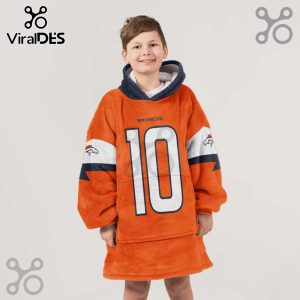 Boy in orange Broncos blanket hoodie with number 10, and team logo on the sleeves.!