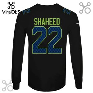 Black long-sleeved shirt featuring 'SHAHEED' and the number '22' in blue and green.!