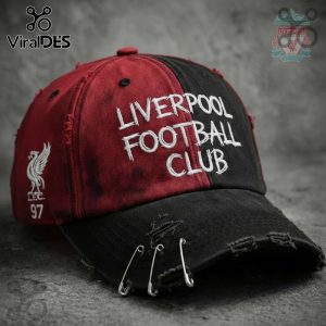 Red and black baseball cap with 'Liverpool Football Club' text and safety pin details.!