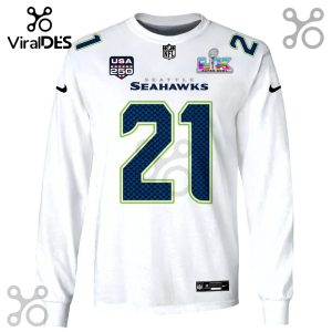 White long-sleeve Seattle Seahawks jersey with number 21, NFL and Super Bowl LIX logo.!