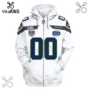 A white Seattle Seahawks zip-up hoodie with number 00 on the front and Super Bowl & anniversary patches.!