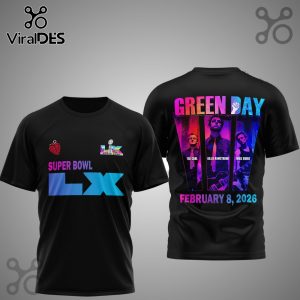 Green Day Super Bowl LX Champions Black 3D T-Shirt. Commemorative tee celebrating the band's victory. Get yours today!