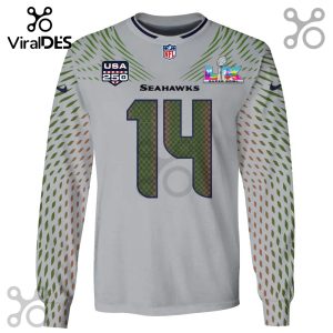 Seahawks long-sleeved shirt with number 14, Super Bowl LVII logo, and USA 250 patch.!