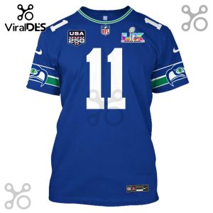 Blue Seattle Seahawks Jersey featuring number 11, USA 250 logo, and Super Bowl LIX logo.!