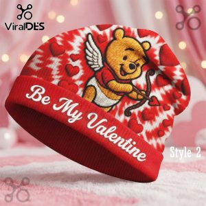Custom Winnie-the-Pooh Valentine's Day beanie hat with personalized text.