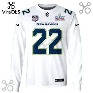 White long sleeve shirt with a Seattle Seahawks-themed design, featuring the number 22 and NFL/Super Bowl logos.!