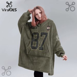 Olive oversized hoodie featuring 'Chiefs' text, number '87', team logo, and ribbon design on the sleeve.!
