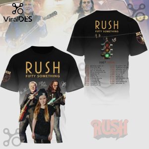 Rush Fifty Something 2027 Tour T-Shirt featuring band members and tour dates on a black gradient background.!