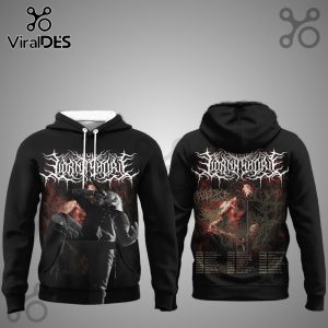 Black hoodie with 'Lorna Shore' band logo. Front shows a man singing into a mic. Back features dark, gothic art with a skeletal figure and tour dates.!