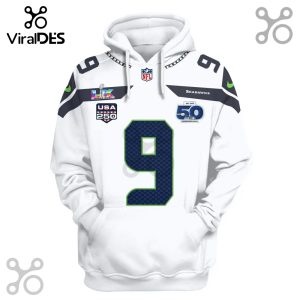 White hoodie with a Seattle Seahawks football jersey design, featuring the number 9, team logos, and NFL branding.!