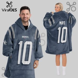 Two people wearing navy blue blanket hoodies with the Patriots logo and number 10 on the front and back.!