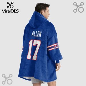 Person wearing oversized blue hoodie with 'ALLEN' and number '17' on the back, styled like a Buffalo Bills jersey.!