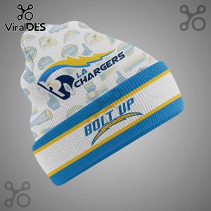 LA Chargers beanie with logos, footballs, helmets, and 'Bolt Up' text.!