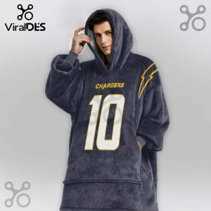 Person wearing a gray oversized hoodie blanket with Chargers logo, lightning bolt and the number 10 on it.!