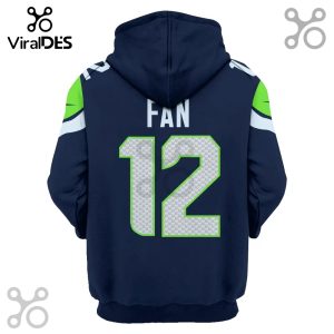 Back of a navy blue hoodie with 'FAN' and the number '12' in a Seattle Seahawks-inspired design.!