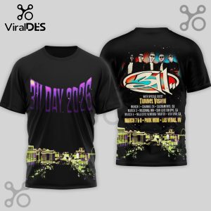 Black 311 Day 2026 shirt. Front has purple text, cityscape. Back features 311 band, logo, Tunnel Vision guest, and March tour dates!