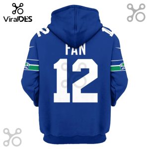 Blue hoodie featuring FAN and the number 12 on the back, along with the team logo on the sleeves.!
