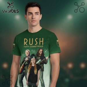 Green t-shirt featuring the band Rush with text 'Rush Fifty Something' and signatures, worn by a male model.!