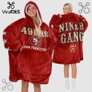 Red wearable blanket hoodie with '49ers', 'San Francisco', 'Niner Gang' texts, and SF logo design.!