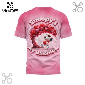 Snoopy wearing heart sunglasses under a heart tree, holding a red heart. Text reads Snoopy's My Valentine.!