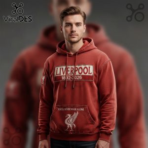 Red Liverpool hoodie with 'LIVERPOOL 1892-2026' and Liverbird graphic, plus 'You'll Never Walk Alone' text.!