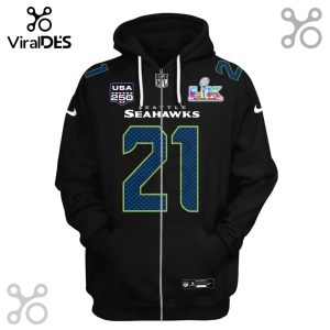 Black hoodie with Seattle Seahawks design, number 21, Super Bowl LVI logo, and USA 250 emblem.!