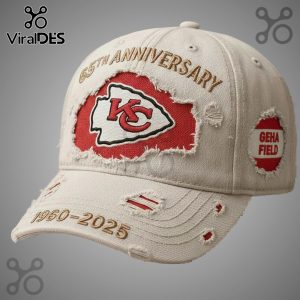 Distressed beige cap with KC Chiefs logo, '65th Anniversary', '1960-2025', and 'GEHA Field' text.!