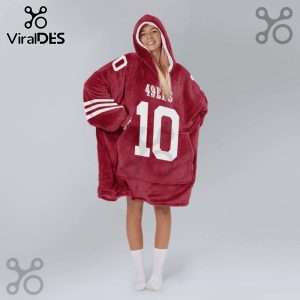 Burgundy oversized hoodie featuring a football jersey design with '49ERS' and the number '10' in white.!