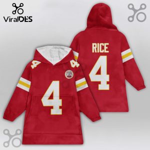 Red hooded blanket featuring a football jersey design with 'RICE' and the number '4'.!