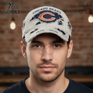 Distressed hat with 'Chicago Bears' and team logo, plus '1920-2026' on brim, worn by a man.!