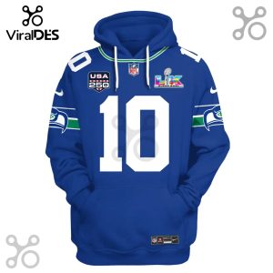 Blue hoodie with Seattle Seahawks design, number 10, NFL logo, Super Bowl LVIII emblem, and USA 250 patch.!