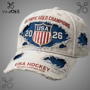 Distressed baseball cap with 'Olympic Gold Champions,' USA Hockey logo, '20' and '26' text. Design for Milano Cortina 2026.!