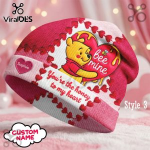 Custom Winnie-the-Pooh Valentine's Day beanie hat with personalized text.