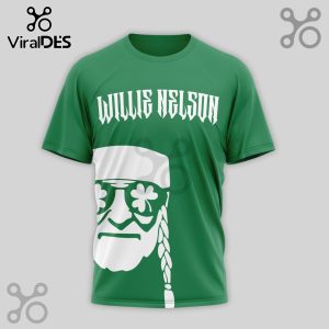 Green t-shirt with white WILLIE NELSON text and stylized white Willie Nelson face with shamrock sunglasses and bandana!