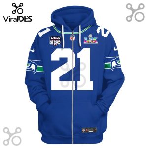 Blue zip-up hoodie featuring number 21, Super Bowl LIX logo, and a Seattle Seahawks design.!