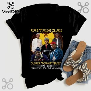 Black t-shirt with Wu-Tang Clan members and text 'Oliver Power Grant 1970-2026, Thank you for the memories'.!